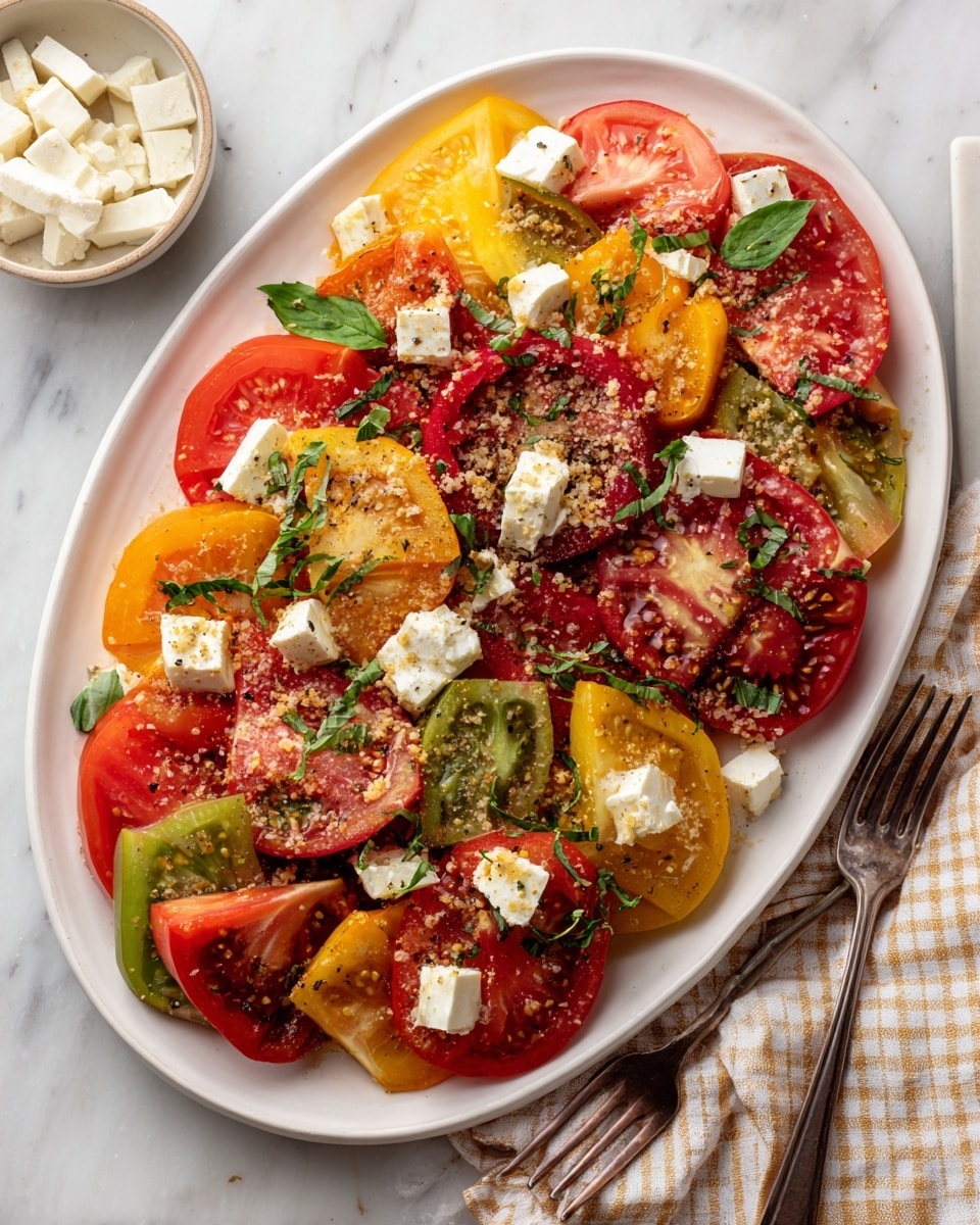 The image shows a white oval plate filled with sliced heirloom tomatoes in red, yellow, orange, and green colors. The tomatoes are cut into different shapes like wedges and rounds and cover the plate fully in one layer. On top, there are small chunks of white soft cheese scattered unevenly. There are also light golden brown crumbs sprinkled across, adding texture. Small green herb leaves are spread over all the layers. The plate is placed on a white marbled surface, with a beige and white checkered cloth and a fork visible at the bottom right. A small white bowl with some cheese pieces sits in the top left corner. Photo taken with an iphone --ar 4:5 --v 7