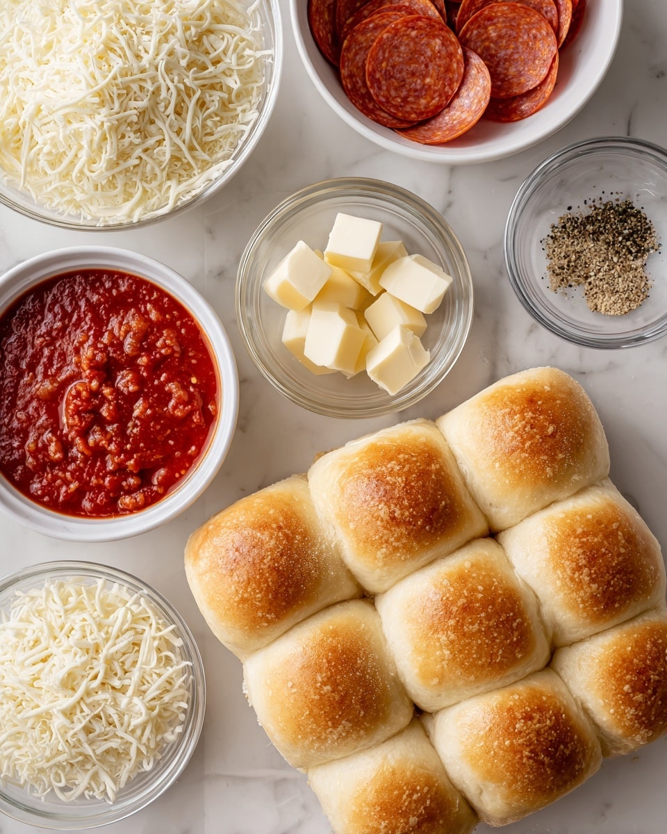 Nine soft, golden brown dinner rolls are placed tightly together in a 3x3 square at the bottom right on a white marbled surface. Above them are clear glass bowls with pale yellow butter cubes, finely grated white Parmesan cheese, and a small amount of mixed black pepper. To the left of the rolls is a white bowl filled with bright red tomato sauce and below it, a white bowl with round slices of pepperoni showing a reddish-brown speckled texture. A larger white bowl near the top left is filled with shredded white mozzarella cheese. The scene is bright and clean, with all items neatly arranged. photo taken with an iphone --ar 4:5 --v 7