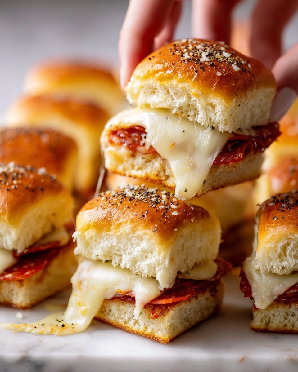 A close-up view of square sandwich sliders arranged on a white marbled surface. Each slider has three layers: a soft golden brown top bun with small black seasoning specks, a middle layer of melted cheese and visible slices of pepperoni with a reddish color, and a bottom bun that is slightly lighter brown. One slider is held up by a woman's hand, showing its inside layers clearly stacked and slightly soft with cheese stretching down. The sandwiches have a shiny, fresh look with some cheese lightly spilling onto the surface photo taken with an iphone --ar 4:5 --v 7