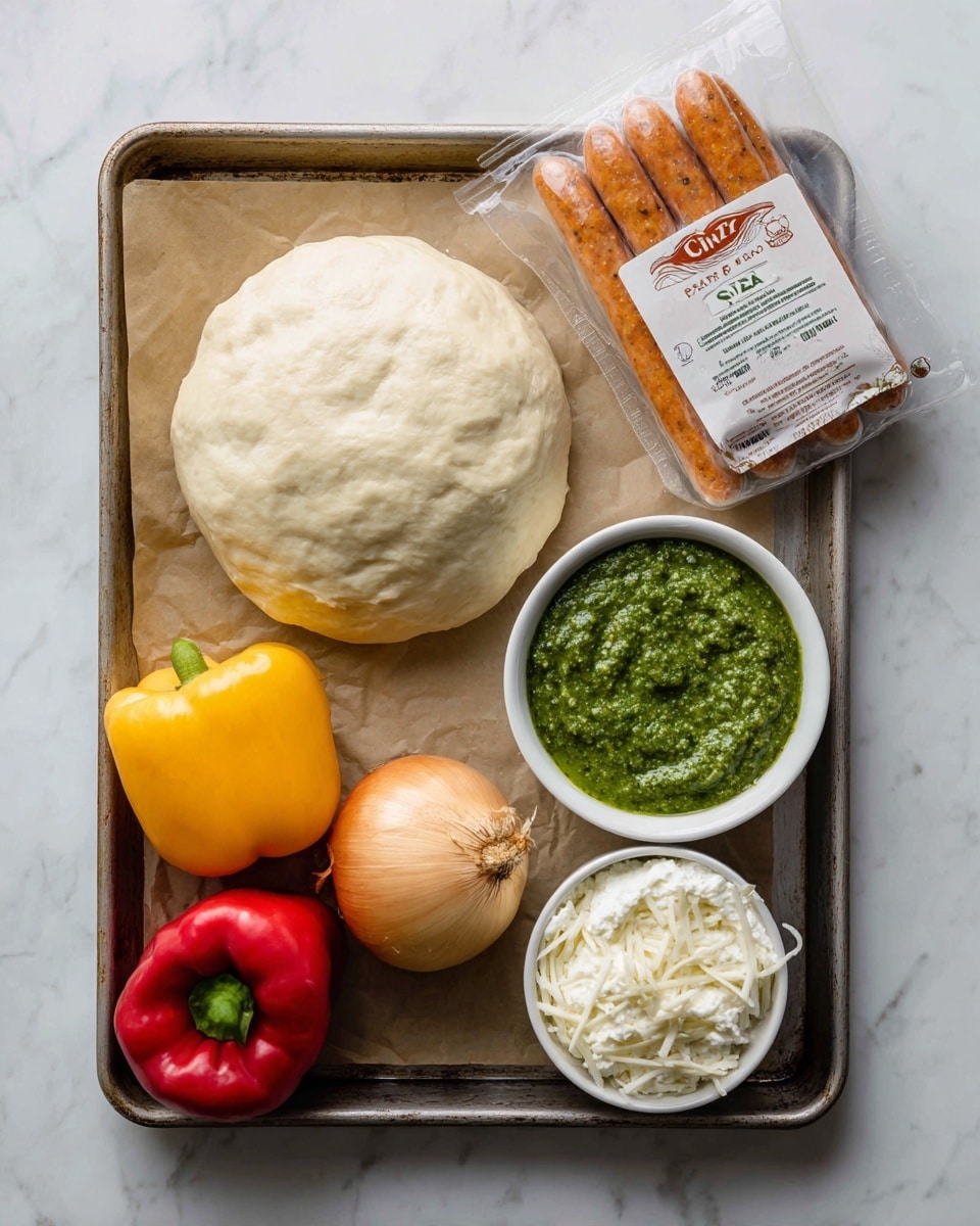 A metal baking tray holds several cooking ingredients arranged neatly on a white marbled surface. At the top left is a large, round ball of smooth, pale dough resting on a piece of brown parchment paper. To its right are two small white bowls, one filled with bright green pesto sauce with a slightly chunky texture and the other with thick, creamy white ricotta cheese with a whipped look on top. Below the ricotta is another small white bowl containing shredded white mozzarella cheese. To the bottom left of the tray are three whole vegetables: a glossy red bell pepper, a yellow bell pepper, and a tan onion with light brown skin. Near the center of the tray is a clear plastic pack of orange-tinted spicy Italian chicken sausage links in branded packaging. Photo taken with an iphone --ar 4:5 --v 7