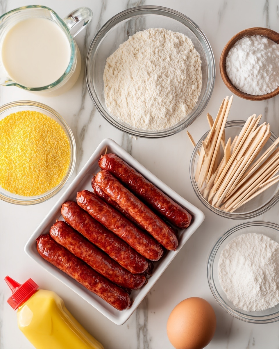 The image shows a white rectangular dish filled with several reddish-brown sausages placed side by side. Around the dish, there are clear glass bowls containing different ingredients: one bowl with yellow cornmeal, another with white flour, and a small bowl with white powdered substance. To the top left, there is a clear glass measuring cup filled with a frothy white liquid. In the center, a small clear bowl holds several wooden skewers standing upright with pointed ends facing outward. At the bottom, a yellow bottle of mustard and a red bottle of ketchup lay on the white marbled surface next to a single brown egg. The background is a white marbled surface. Photo taken with an iphone --ar 4:5 --v 7