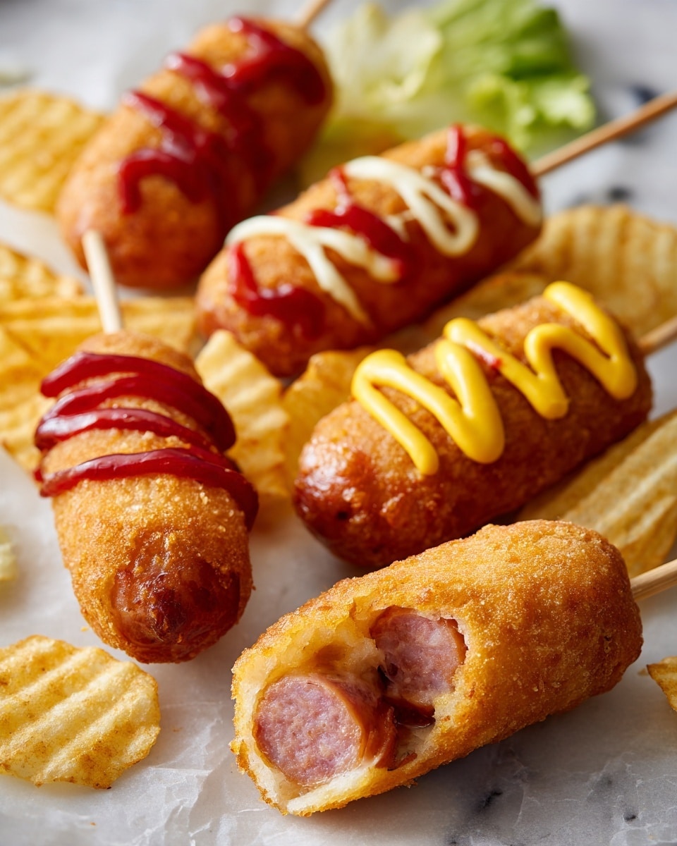 The image shows four mini corn dogs on wooden sticks placed on a bed of light yellow crinkle potato chips on a white marbled surface. One mini corn dog in the center is bitten, revealing a pink sausage inside a golden brown fried batter layer. The visible two mini corn dogs have zigzag sauces, one with bright red ketchup and the others with bright yellow mustard. In the background, some green lettuce leaves add color contrast to the warm tones of the corn dogs and chips. The scene has a close-up, sharp focus on the textures of the fried batter, sausage, and potato chips. Photo taken with an iphone --ar 4:5 --v 7