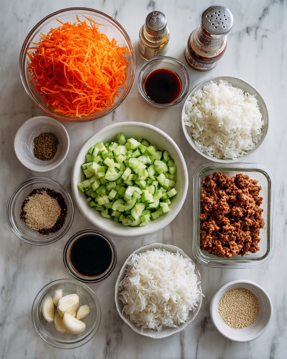 The image shows 11 small white bowls and containers arranged on a white marbled surface. One large bowl has bright orange shredded carrots and chopped green cucumbers placed next to each other. Another white bowl contains plain white cooked rice. A glass square container holds ground meat with a reddish-brown color. Smaller glass bowls hold dark soy sauce, a brown spice mix, and sesame seeds. There is a small dish with three peeled garlic cloves. Two small bottles of sauces and a clear pepper jar round out the scene. The colors range from bright orange, green, and white to dark brown and reddish tones. photo taken with an iphone --ar 4:5 --v 7