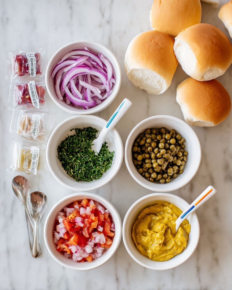 Six small white bowls sit on a white marbled surface, each filled with different toppings: the first bowl on the top left has sliced red onions; the next bowl to the right holds chopped green herbs; the third bowl on the top right contains small green capers. On the bottom row, from left to right: diced tomatoes and onions, a mustard-colored chunky pickle mix, and a smooth yellow mustard sauce. Each bowl has a small spoon with a different colored handle (white, blue, white, red, orange, white). To the right of the bowls, there are three plain bread rolls arranged vertically. At the top left corner, there are packages of hot dogs. The photo taken with an iphone --ar 4:5 --v 7