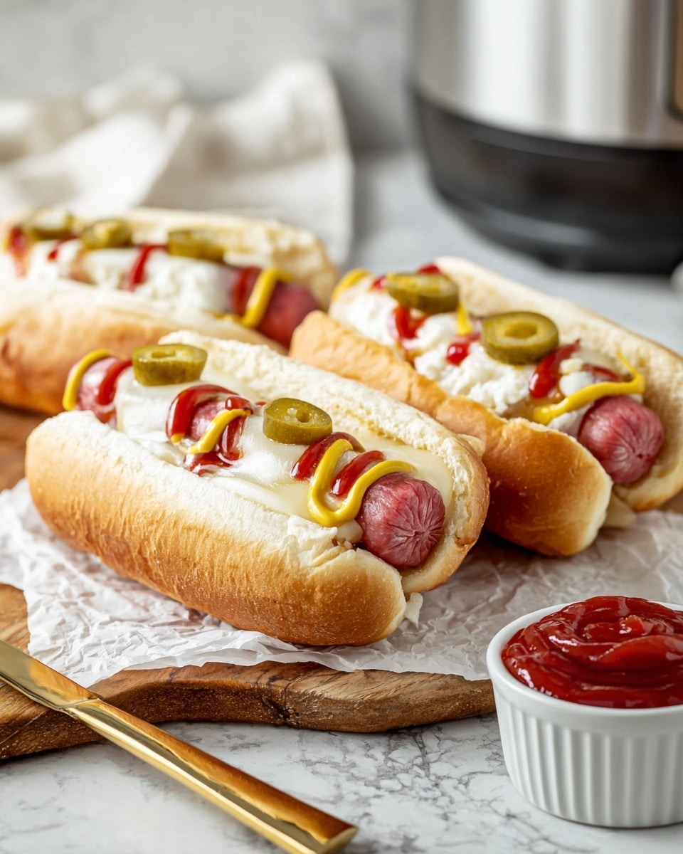 Three hot dogs are placed side by side on a wooden board lined with white paper. Each hot dog uses a split white bun with a light golden toasted inside. The bottom layer is a pink hot dog sausage. The second layer is melted white cheese that softly covers the sausage and bun edges. The third layer has sliced green olives and a drizzle of ketchup and yellow mustard sauce over everything. The background is white marbled texture with a white cloth and a black appliance showing at the top right. A white ramekin filled with ketchup is on the right. A golden knife with white and gold handle sits in front. Photo taken with an iphone --ar 4:5 --v 7