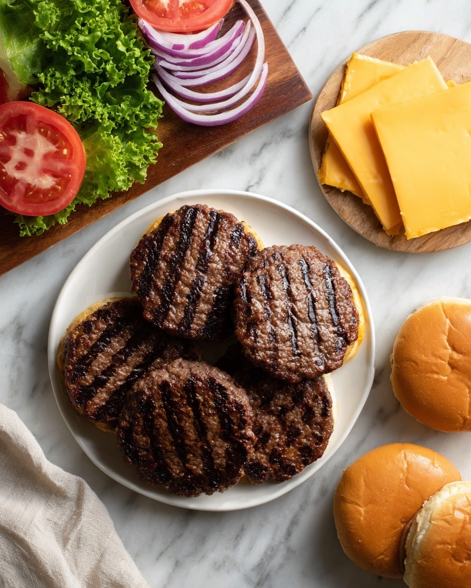 The image shows four grilled beef patties with clear dark grill marks, arranged on a white plate with two toasted bun bottoms and two whole bun tops placed nearby. To the upper right of the patties, there are four slices of yellow cheddar cheese stacked neatly. Above the plate, partially on a white marbled surface, is a wooden board holding several slices of red tomato, some curly green lettuce leaves, and thin red onion slices. The overall layout is clean and organized, with the colors of the fresh vegetables contrasting with the brown grilled patties and golden buns. photo taken with an iphone --ar 4:5 --v 7