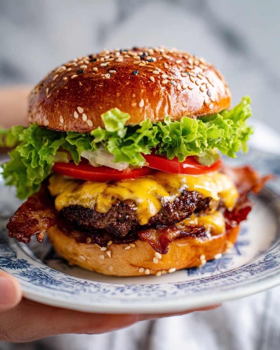 A close-up of a large burger on a white plate with blue patterns, placed on a white marbled surface. The burger has a shiny sesame seed bun on top with visible seeds, under it there is a layer of green leafy lettuce followed by a slice of red tomato. Below the tomato there is a slice of melted yellow cheese covering a thick, juicy brown beef patty that looks cooked with a crispy edge. Below the patty you can see two crispy strips of bacon, and at the bottom, the golden brown sesame seed bun. A woman's hand is holding the plate. Photo taken with an iphone --ar 4:5 --v 7