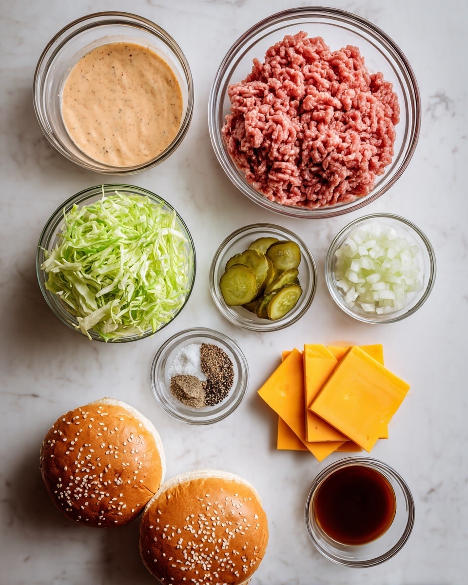 A top view of burger ingredients neatly placed on a white marbled surface. At the top center is a glass bowl filled with raw ground meat, showing its coarse texture in reddish-pink color. Below it to the left, a glass bowl contains creamy sauce with a light orange tint and specks of seasoning. To the right of the sauce is a small glass bowl with finely chopped white onions. Beneath the onions and sauce is a small stack of thin, round green pickle slices in a glass bowl. Below the pickles is a small clear bowl with a mix of black pepper, white salt, and light brown powder. To the left of the mix is shredded green lettuce with an uneven texture. To the right of the pickles is a neat stack of four square yellow cheddar cheese slices. At the bottom right, a tiny glass bowl holds dark brown sauce. At the bottom left, two sesame seed burger buns made of soft bread lie side by side. All elements are evenly spaced and arranged orderly. Photo taken with an iphone --ar 4:5 --v 7