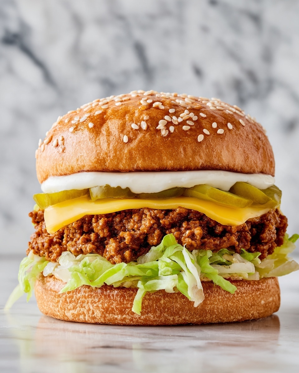 The image shows a burger with four visible layers, starting with a toasted sesame seed bun on top that is light brown with white sesame seeds scattered evenly. Below the bun is a creamy light yellow sauce spread thinly. The next layer is a crumbly, browned ground meat mix piled thickly. Underneath the meat, there is a smooth, yellow slice of cheese, folded slightly and resting on bright green pickle slices. At the bottom, fresh, light green shredded lettuce sits on the bottom bun, which is a toasted light brown color with a soft texture. The background is a white marbled surface, and the photo is taken with an iphone --ar 4:5 --v 7