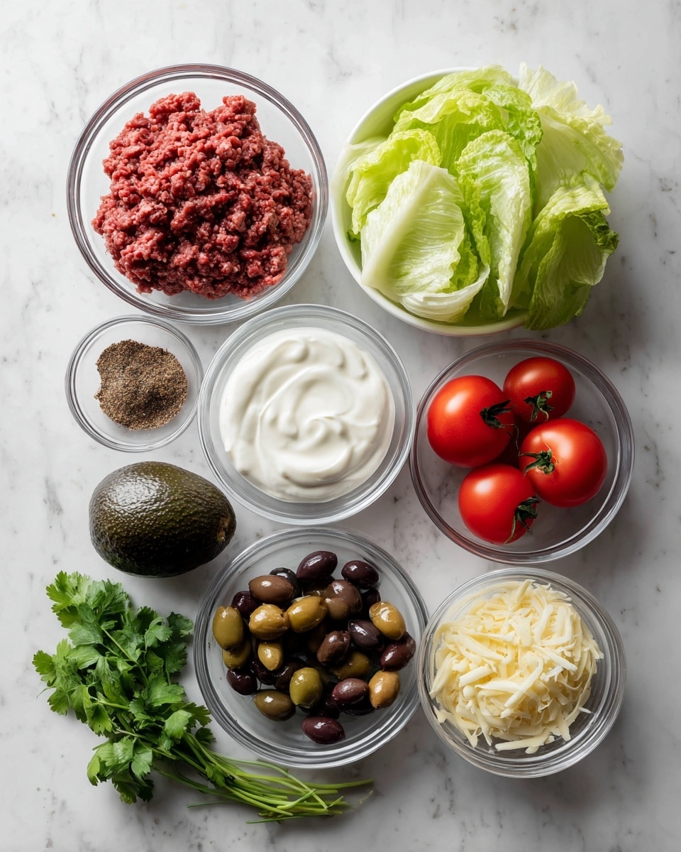 The image shows several clear glass bowls and fresh ingredients placed neatly on a white marbled surface. There are nine items total: a bowl of raw ground meat with a dark red color and coarse texture in the top left; a smaller bowl of thick white sauce or sour cream just right of it; a bowl of white creamy liquid below that; a small bowl of dark brown spice mix to the far left; a whole dark green avocado with a bumpy skin below; a small bowl filled with shiny black olives underneath the creamy liquid; a bowl of shredded pale yellow cheese to the right; two small bright red tomatoes near the top right; fresh green romaine lettuce leaves extending out from the tomatoes; and a bunch of fresh green cilantro with thin stems toward the bottom right. The colors stand out against the white bowls and white marbled background, creating a clean and fresh look. photo taken with an iphone --ar 4:5 --v 7