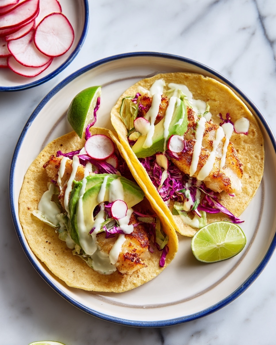 Two soft yellow corn tortillas sit side by side on a white plate with a blue rim, placed on a white marbled surface. Each tortilla has pieces of light golden fried fish layered on top, followed by thin slices of green avocado, thin purple cabbage strands, and pale pink radish slices. A creamy white sauce is drizzled over the fish and vegetables. A small lime wedge with bright green flesh rests near the edge of the tortillas. In the background, a small white plate with blue edges holds more thin radish slices. Photo taken with an iphone --ar 4:5 --v 7