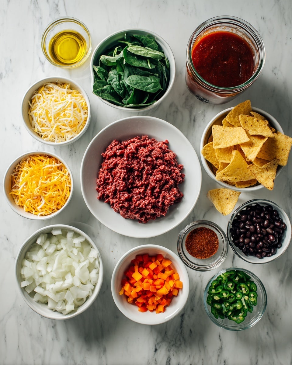 The image shows several bowls and a plate arranged on a white marbled surface. At the center is a white plate with a raw, red ground meat layer. Surrounding it are bowls with different ingredients: a white bowl of bright green spinach leaves, a white bowl of shredded yellow and white cheese, a white bowl with finely chopped white onions, and another white bowl containing small, bright red diced pieces that look like tomatoes or red peppers. There is also a small glass bowl filled with golden olive oil, a small white bowl of black beans, a small white bowl with finely diced orange carrots, and two small glass containers, one holding green chopped peppers and the other holding a reddish-orange powder, likely spices. A glass container with a rich deep red sauce is also part of the setup. Light yellow tortilla chips are placed next to the black beans near the right side of the image. The whole setup is well-lit, clean, and colorful. photo taken with an iphone --ar 4:5 --v 7