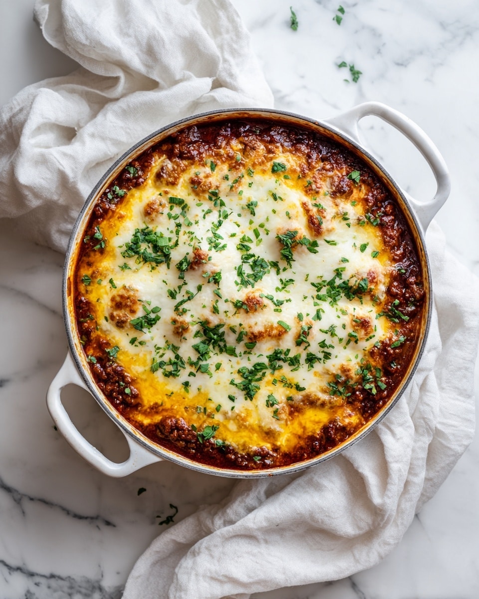 A round white pan with two handles holds a layered dish. The bottom layer is dark brown meat sauce with a rich texture. On top, there is a thick layer of melted cheese that is mostly yellow with some white patches showing through. The cheese layer is sprinkled with chopped green herbs, adding freshness and color. The pan is placed on a surface with a white marbled texture, and soft white fabric is casually arranged around the pan. photo taken with an iphone --ar 4:5 --v 7