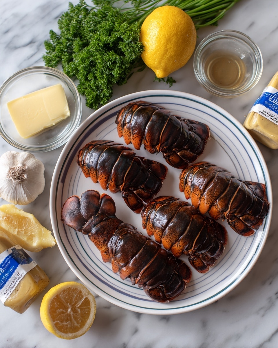 The image shows four dark brown lobster tails placed on a white plate with blue stripes around the edge, arranged in two rows. The lobster tail shells are shiny with a slightly charred texture. To the left of the plate, there are ingredients placed on a white marbled surface, including a small bunch of green parsley with curly leaves, a lemon, two garlic cloves, a small block of butter, a small glass bowl with clear liquid, and a bottle of Dijon mustard with a blue cap and yellow label. Photo taken with an iphone --ar 4:5 --v 7