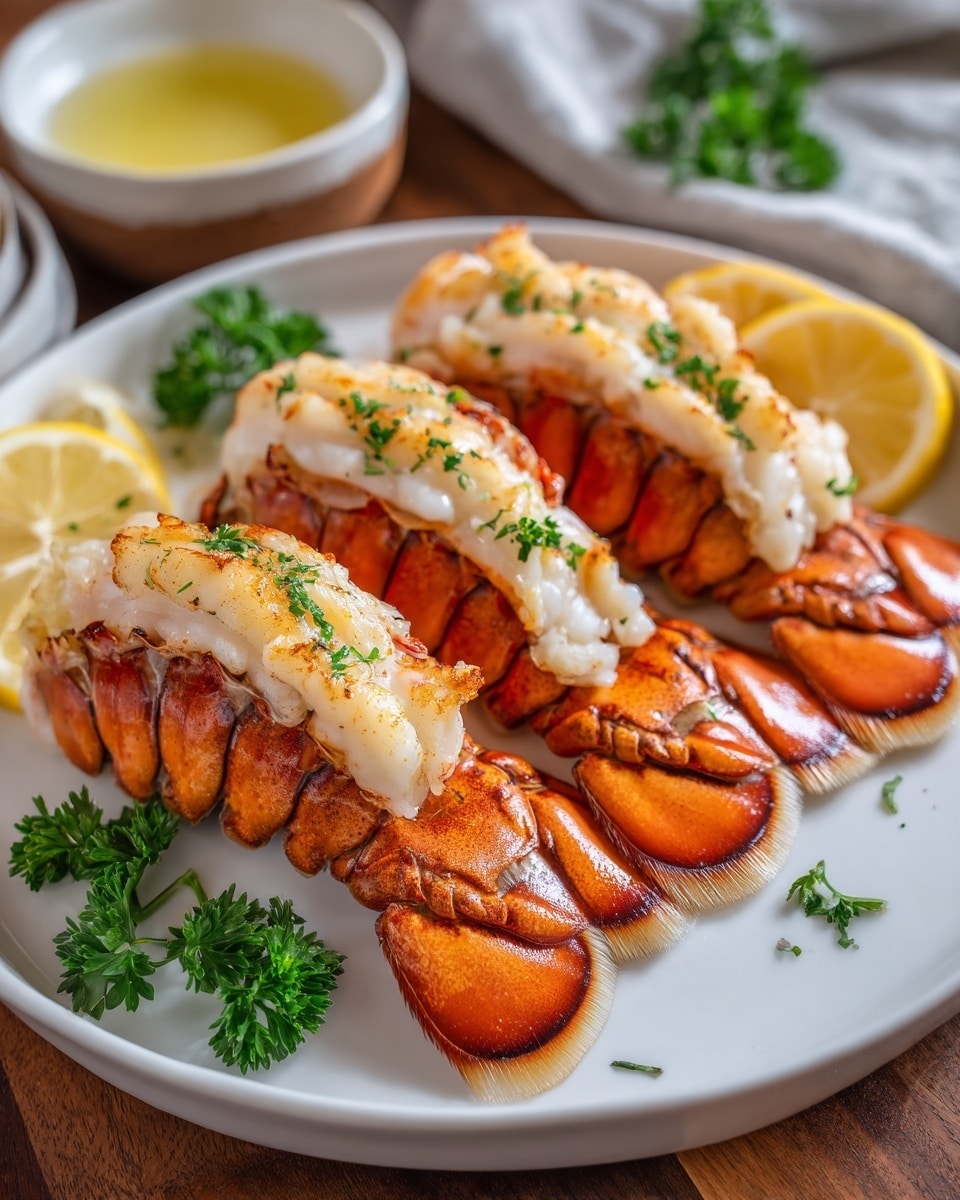 A white plate holds four cooked lobster tails arranged in a row, each with bright orange-red shells and creamy white lobster meat on top. The lobster meat is slightly browned and looks tender with a light sprinkle of green parsley scattered on and around the tails. Lemon wedges with a pale yellow inside are placed at the edges of the plate. The plate sits on a wooden table with some parsley leaves scattered nearby, and a small bowl of melted butter with a lemon slice is placed in the blurry background. The scene is softly lit, showing the details of the lobster shells and fresh garnishes, all on a white marbled surface. photo taken with an iphone --ar 4:5 --v 7