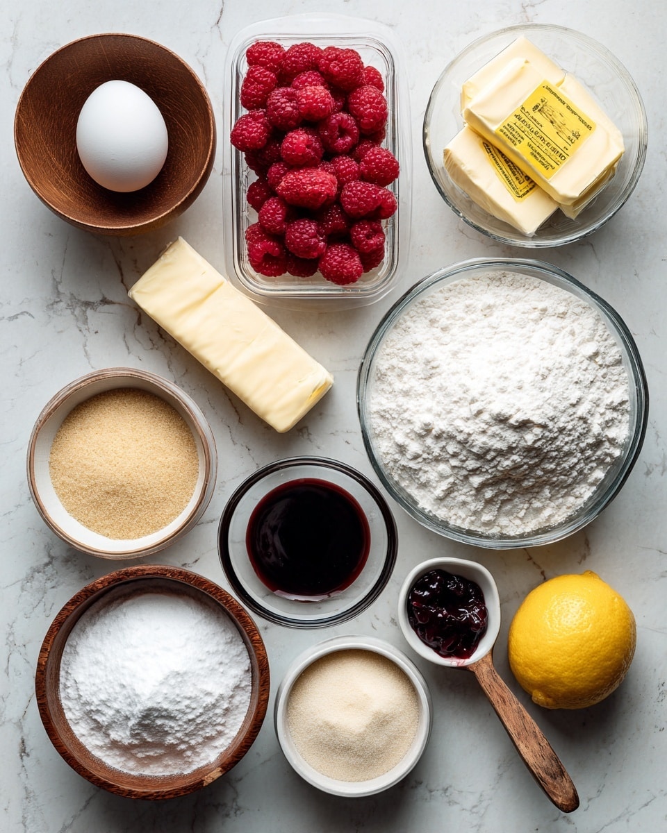 The image shows a white marbled surface with various baking ingredients arranged neatly. At the top left is a small wooden bowl holding one white egg. To its right, there is a clear glass bowl filled with white flour. Below the egg is a clear plastic container of red raspberries with a yellow label. Next to it is a stick of butter wrapped in paper lying horizontally. Below the butter is a small wooden spoon with a black liquid, likely vanilla extract. To the right of the spoon is another clear glass bowl filled with white powdered sugar. Below the powdered sugar is a clear glass bowl of light brown sugar. At the bottom left is a small wooden bowl with white powder, probably baking soda or baking powder. To its right is a whole yellow lemon. Next to the lemon is a small white dish with dark purple jam or jelly. In the center is a clear glass bowl with white granulated sugar. The ingredients are spread out evenly on the white marbled surface with good lighting, and a woman's hand is not visible in this image photo taken with an iphone --ar 4:5 --v 7