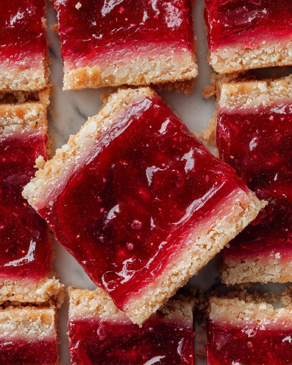 The image shows a close-up of a dessert cut into rectangular pieces arranged closely together. Each piece has two distinct layers: the bottom layer is a light golden-brown crust with a crumbly texture, and the top layer is a thick, smooth, glossy deep red filling that looks like fruit jam or jelly. The edges of the pieces are clean, with some parts slightly crumbly. The dessert pieces are tightly packed, showing the rich contrast between the crust and the red topping. The background is a white marbled texture. photo taken with an iphone --ar 4:5 --v 7