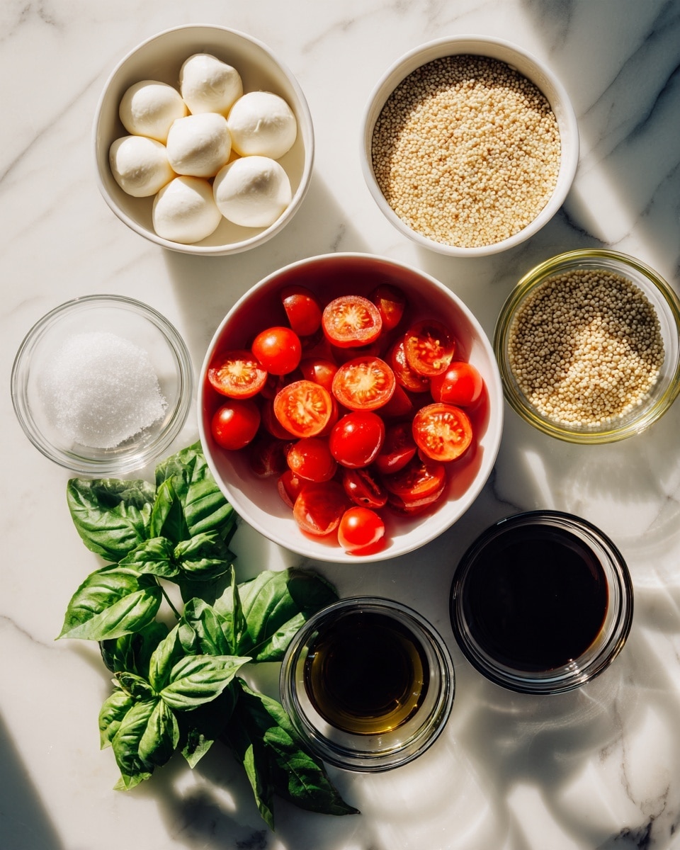 The image shows six small bowls arranged on a white marbled surface, each containing different ingredients. In the center is a white bowl filled with bright red cherry tomatoes cut in half, showing their juicy texture and seeds. Above it to the left, a white bowl holds small white mozzarella balls with a smooth, soft appearance. To the right, another white bowl contains light beige quinoa with a fine, grainy texture. Below the tomatoes, a small clear bowl has coarse white salt crystals. To the left at the bottom, fresh green basil leaves with a natural texture and vibrant color lie on the marbled surface. Above these, a small glass bowl holds a dark brown liquid, likely balsamic vinegar, and to its right, another glass bowl contains a clear, pale yellow oil, possibly olive oil. The lighting is bright and natural, highlighting the freshness of the ingredients photo taken with an iphone --ar 4:5 --v 7