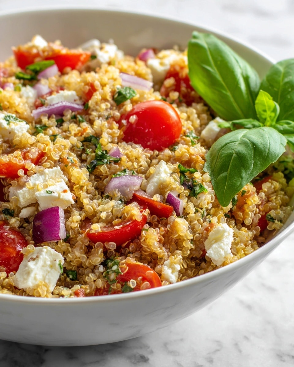 A close-up view of a white bowl filled with a colorful quinoa salad. The salad has a base layer of fluffy, light brown quinoa grains mixed evenly with small green bits of fresh herbs and chopped red onion. Scattered throughout are bright red cherry tomato halves and small white cheese cubes. On the right side of the bowl, there is a fresh green basil leaf garnish placed on top of the salad. The bowl is placed on a white marbled surface. photo taken with an iphone --ar 4:5 --v 7