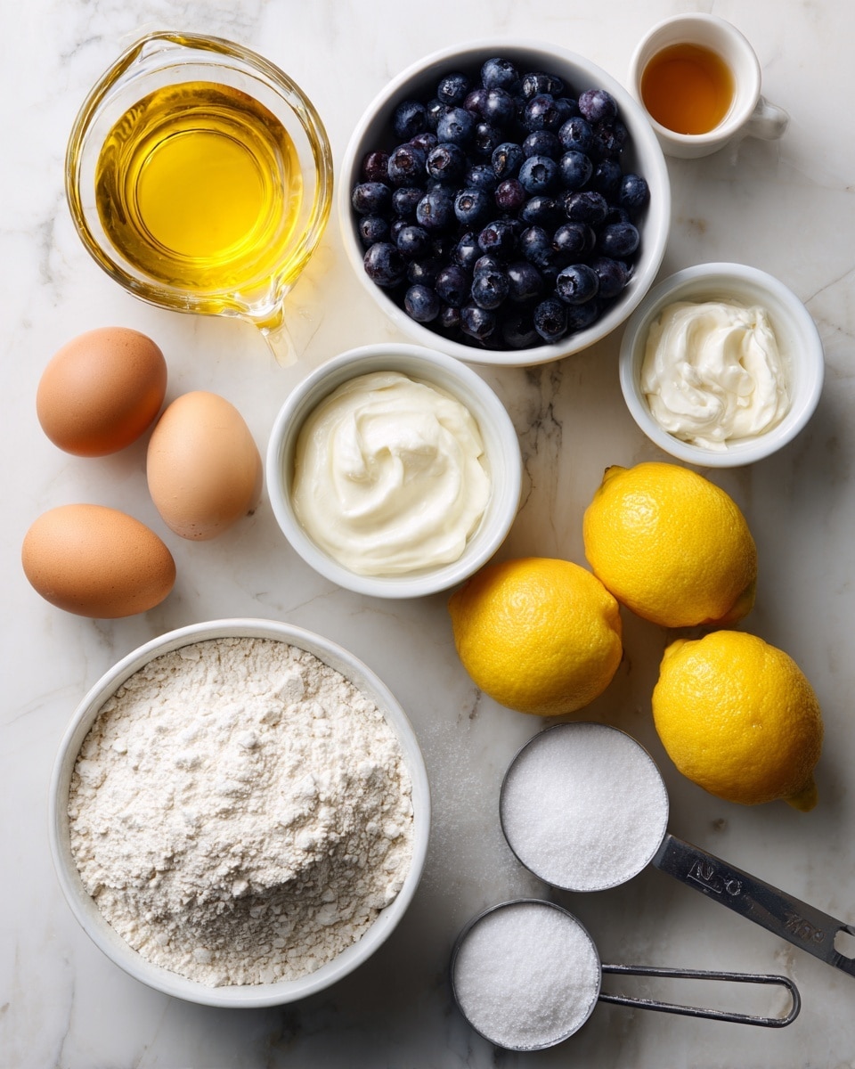 A white marbled surface holds several ingredients neatly arranged for baking: in the top left, a glass measuring cup filled with golden oil; next to it on the right, a white bowl full of round, plump blueberries. Below the oil, a small white bowl with a smooth white cream, and next to it, a small white bowl with white powder. To the right of these bowls is a small glass cup with light brown liquid. On the right side, there are three whole bright yellow lemons, with one lemon cut in half showing its juicy inside facing up. Near the bottom left, a large white bowl filled with fine white flour. Next to the flour bowl, two brown eggs lie side by side. On the right, a metal measuring cup filled with white sugar, and in front of it, a smaller metal measuring cup with more white powder. The whole scene is bright and clean, suggesting fresh ingredients ready to be mixed, photo taken with an iphone --ar 4:5 --v 7