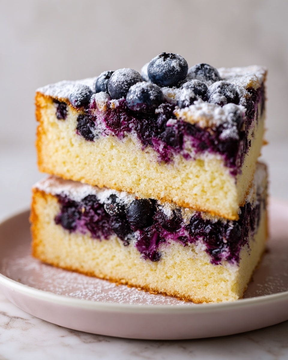 Two slices of blueberry cake sit closely on a white plate with a soft pink tint, placed on a white marbled surface. The cake has three layers: a light golden brown bottom layer with a soft texture, a middle layer filled with dark purple blueberries slightly bursting, and a top layer covered in powdered sugar dust. The powdered sugar adds a light, snowy texture on the dark blueberry top. Sunlight gently shines on the cake, casting soft shadows and highlighting the fresh blueberries' shine photo taken with an iphone --ar 4:5 --v 7