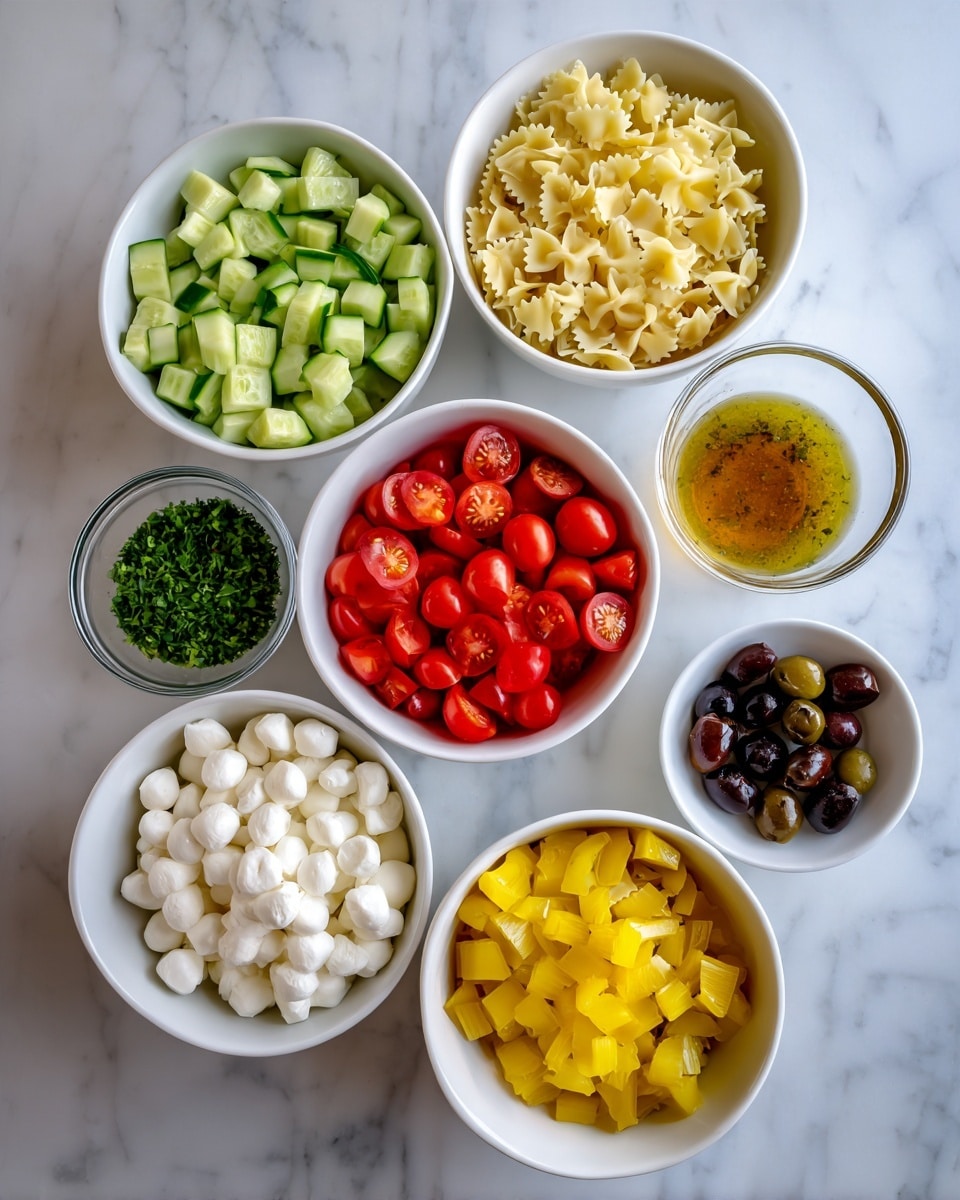 The image shows eight white bowls and one small glass bowl arranged neatly on a white marbled surface. Each bowl contains a separate ingredient: chopped green cucumber pieces in one, pale yellow uncooked farfalle pasta in another, white cubed chicken in a third, bright red halved cherry tomatoes in the fourth, small white mozzarella balls filling the fifth bowl, vibrant yellow diced bell peppers in the sixth, black sliced olives in the seventh, and a golden-brown dressing in the eighth smaller bowl. The small glass bowl holds finely chopped green herbs. The bowls form a loose circle, all clearly visible with a clean and fresh look, photo taken with an iphone --ar 4:5 --v 7