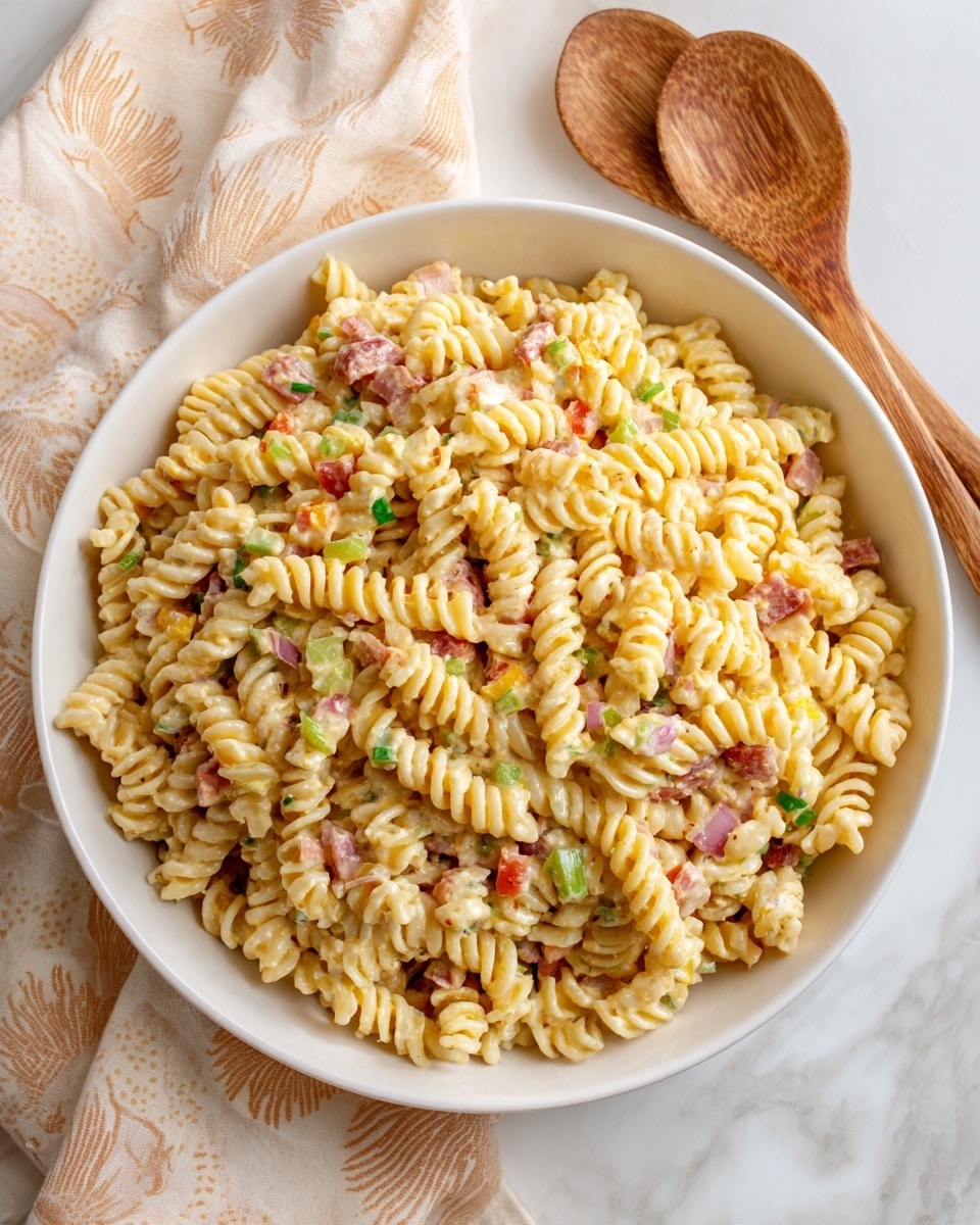A white bowl is filled with rotini pasta that is light yellow in color, mixed with small pieces of red onion, red bell pepper, light green celery, white onion, orange cheese cubes, and bits of darker red meat. The ingredients are evenly spread throughout the pasta, showing a mix of colors and textures with a creamy dressing coating everything lightly. The bowl is placed on a white marbled surface, next to a beige cloth with a subtle peach pattern and two wooden salad spoons resting at the top. Photo taken with an iphone --ar 4:5 --v 7