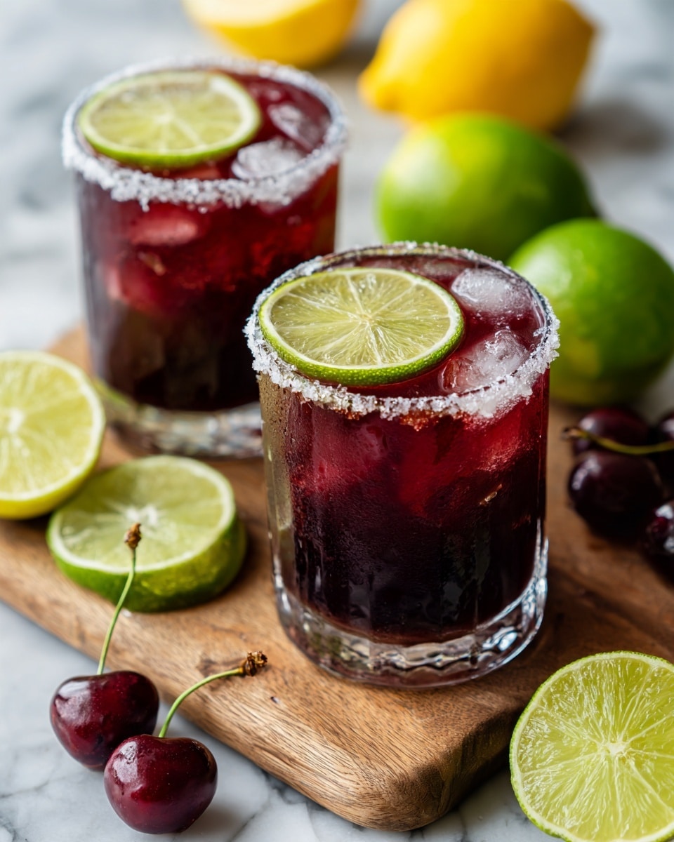 Two short clear glasses filled with a dark red drink and ice cubes sit on a wooden board. Each glass has a rim coated with sugar and a thin slice of lime resting on the edge inside the glass. Around the glasses, there are fresh lime slices and a whole cherry placed on the wooden board, along with a whole green lime and yellow lemon in the background. The scene is set against a white marbled surface. photo taken with an iphone --ar 4:5 --v 7