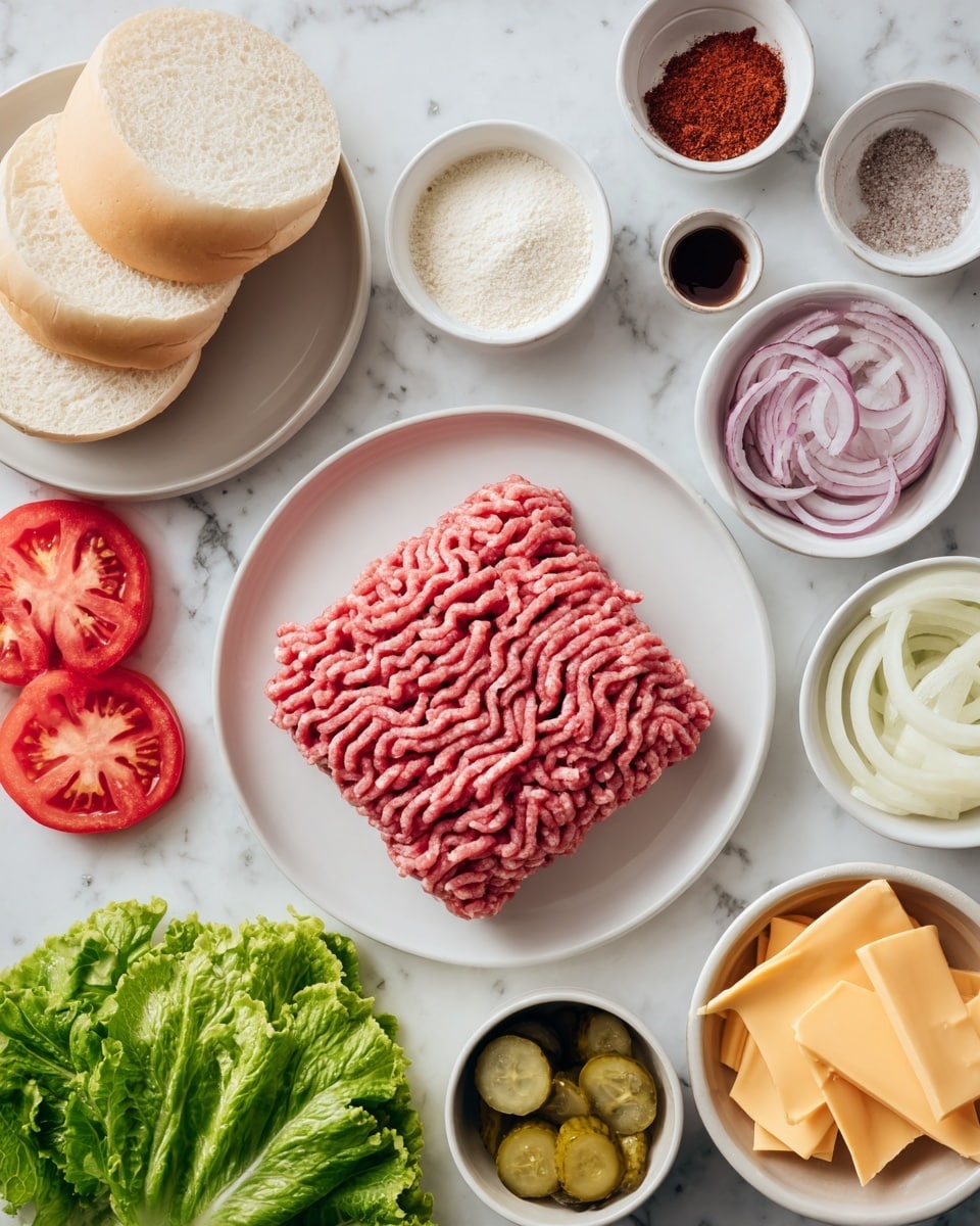 The image shows an overhead view of various burger ingredients arranged on a white marbled surface. In the center, there is a white plate holding a block of pink ground meat with visible texture lines. Above the plate, two white sandwich buns are stacked. Around the meat, there are small white bowls with different seasonings: a red powder, a light cream powder, and coarse white salt. To the right, a white bowl contains thinly sliced red onions and yellow cheese slices, with a small white bowl nearby holding dark sauce. At the bottom left, there are fresh green lettuce leaves with three bright red tomato slices placed on top. To the right of the meat plate, there is a small white bowl filled with sliced green pickles. A woman's hand is gently touching one of the buns, as if ready to assemble the burger. photo taken with an iphone --ar 4:5 --v 7