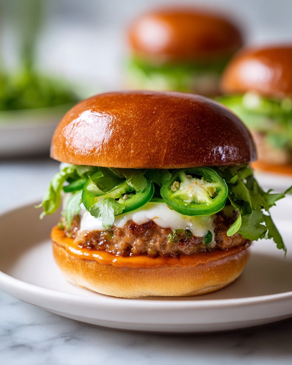 A close-up view of a burger placed on a white plate set on a white marbled surface. The burger has five visible layers: the bottom layer is a soft, shiny brown bun; above it is a layer of fresh, green leaf lettuce sitting on a spread of orange sauce; next is a thick, light brown patty with visible green herbs inside; on top of the patty lies a slice of white cheese slightly melted; the top layer consists of thin green jalapeño slices; finally, the shiny, slightly toasted brown top bun crowns the burger. The background is softly blurred with a hint of another similar burger. photo taken with an iphone --ar 4:5 --v 7