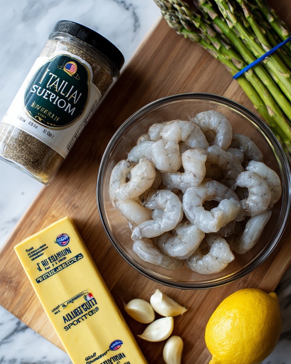 A clear glass bowl filled with peeled raw shrimp, light gray in color, sits on a wooden surface. To the left, there is a white jar with a green and black label marked