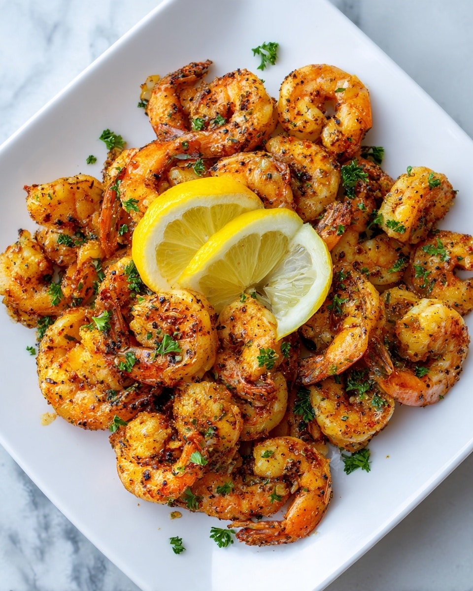 A white square plate filled with many cooked shrimp, each shrimp showing a pinkish-orange color with dark seasoning specks all over. The shrimp are mixed with small pieces of green parsley scattered evenly on top. In the middle of the plate, there are two thin lemon slices stacked in a slight overlap, their yellow color bright against the shrimp. The plate sits on a white marbled surface. photo taken with an iphone --ar 4:5 --v 7