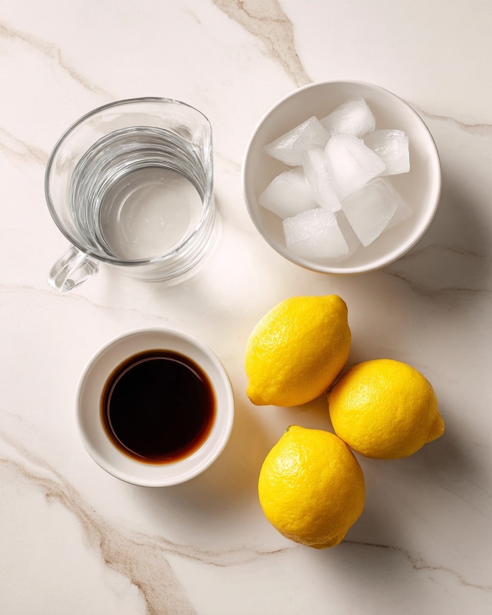 The image shows a simple arrangement of ingredients on a white marbled surface. There is a clear glass pitcher with water on the upper left, a white bowl filled with ice cubes near the top center, and three bright yellow lemons clustered on the right side. Below the pitcher and ice bowl, there is a small white bowl containing a dark brown liquid, likely syrup or a similar ingredient. The colors are soft and natural, with a clean and fresh look. photo taken with an iphone --ar 4:5 --v 7