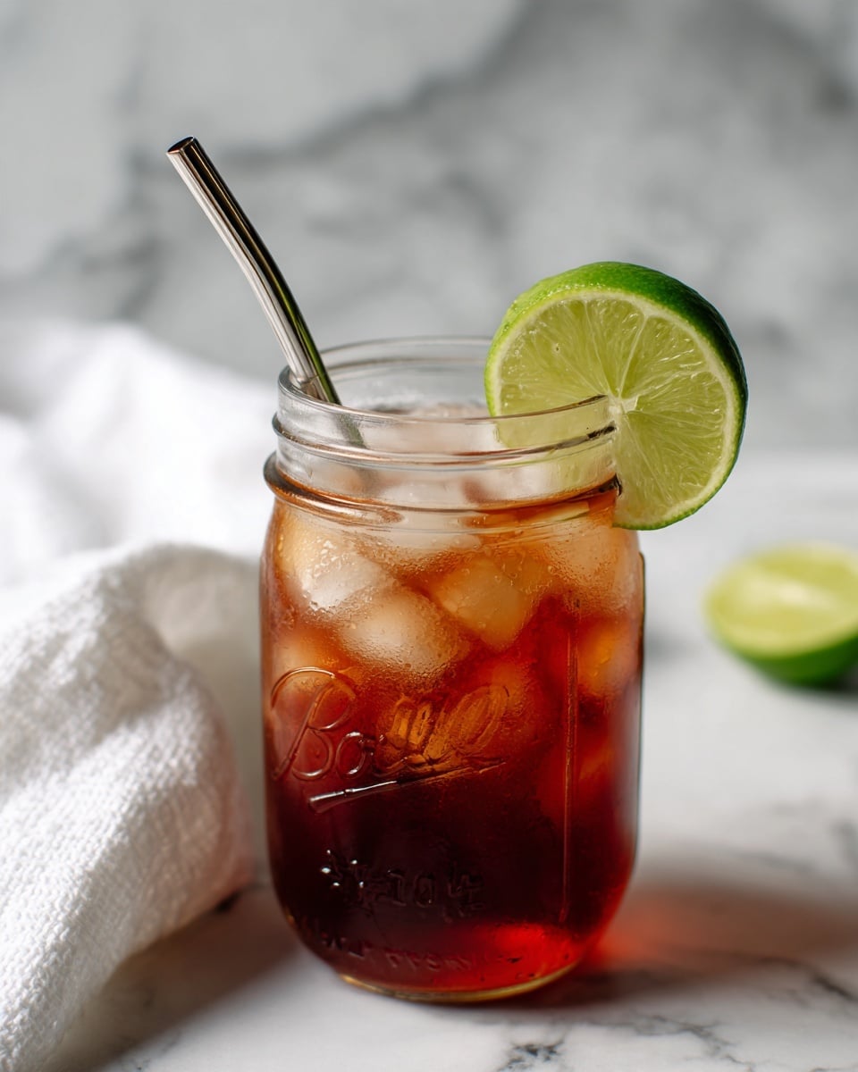 A clear glass jar filled with a reddish-brown drink and many ice cubes on top, with a metal straw inside the jar. A green lime wedge is placed on the rim of the jar. The jar has an embossed design on its surface. The background is a white marbled texture with a white cloth partially visible on the side. Photo taken with an iphone --ar 4:5 --v 7