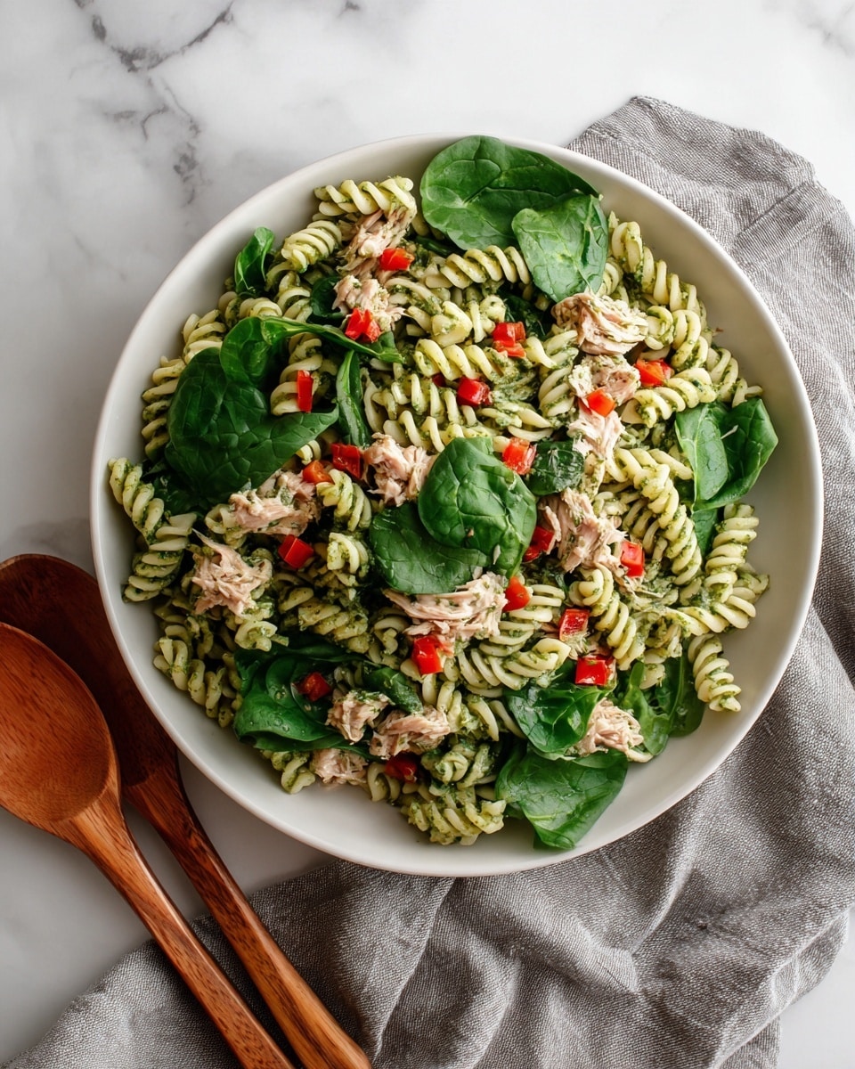 The image shows a white plate filled with pasta salad. The salad has three main layers: a base layer of light green spiral pasta coated with a green pesto sauce, a layer of fresh dark green spinach leaves scattered evenly on top, and small chunks of white tuna mixed with bright red diced bell peppers spread throughout. The plate is placed on a white marbled surface with a gray cloth partially visible beneath. Two wooden salad spoons are positioned in the bottom left corner, adding a warm natural tone to the scene. Photo taken with an iphone --ar 4:5 --v 7