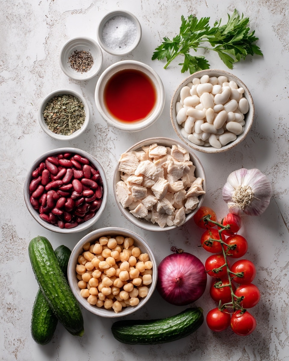 The image shows a white marbled surface with several small white bowls arranged neatly, each filled with different ingredients. The top left has a small white bowl of salt and a smaller bowl of black pepper, along with a bit of parsley nearby. Next to them is a small white bowl with a red liquid, likely sauce or vinegar. White beans fill a bowl at the top center, with a bowl of white cheese to the right and a bowl of chickpeas below it. In the middle is a bowl with small, evenly cut pieces of cooked chicken, surrounded by a bowl of kidney beans on the left and a small bowl of red peppers below the chicken. Fresh vegetables, including two cucumbers, a whole red onion, garlic cloves, and a bunch of cherry tomatoes still on the vine, are arranged around the bowls. Photo taken with an iphone --ar 4:5 --v 7