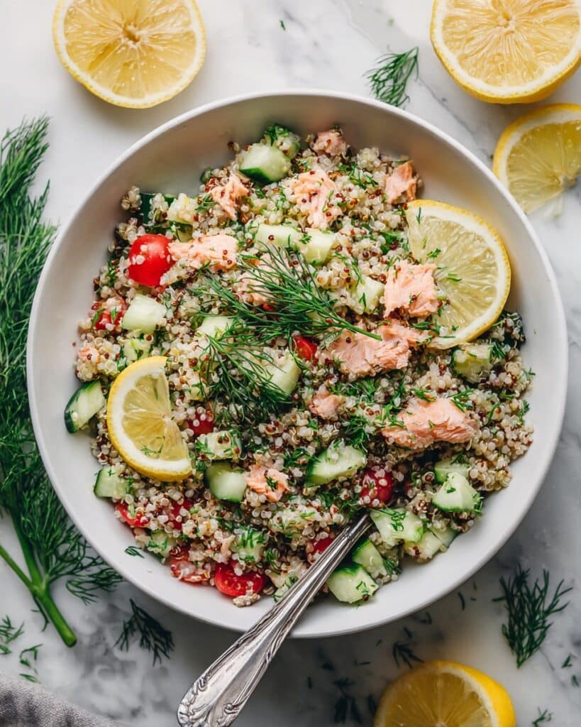 High Protein Salmon Quinoa Salad with Lemon Dressing Recipe
