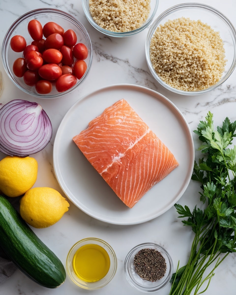 A white plate is centered on a white marbled surface, holding a single raw salmon fillet with a smooth, pink-orange texture and light white lines running across it. Surrounding the plate are transparent bowls containing bright red cherry tomatoes, light brown cooked quinoa, light yellow olive oil, and a small amount of grainy mustard. Outside the bowls, there is a shiny dark green cucumber half, a bright purple-red onion half, two vibrant yellow lemons, a small bunch of fresh green parsley, and a small clear bowl of black pepper. The arrangement is neat and colorful, showing fresh ingredients in simple, clear containers. Photo taken with an iphone --ar 4:5 --v 7