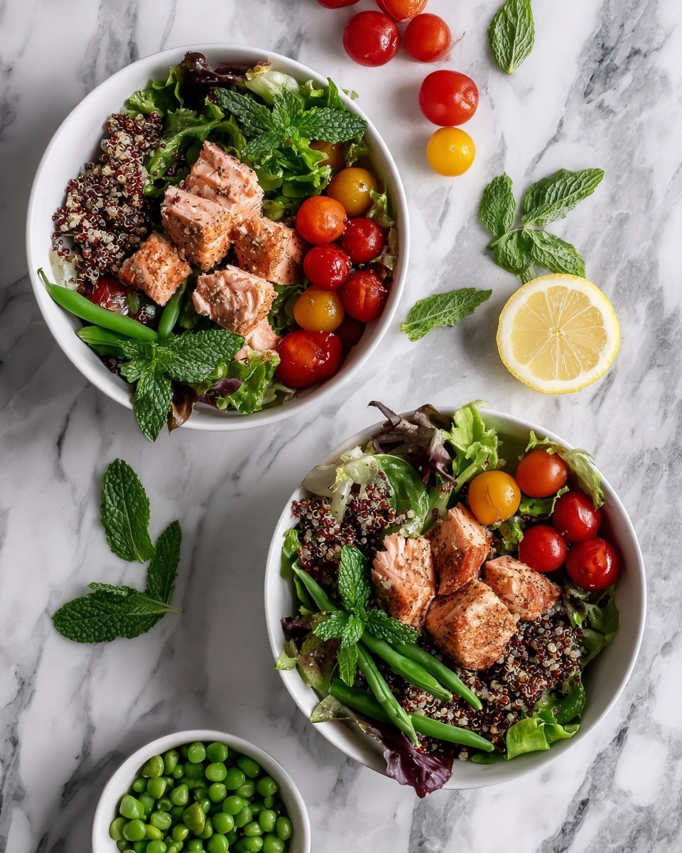 The image shows two white bowls filled with fresh salad on a white marbled surface. Each bowl has a base layer of mixed green leafy lettuce with a slightly crinkled texture, topped with halved red cherry tomatoes that add vibrant red color. Scattered throughout are small pieces of cooked salmon with a light orange-brown surface, some showing slight char marks. There are chunks of bright green sliced snap peas or green beans, and small clusters of cooked quinoa grains in shades of white, red, and black, adding texture. Fresh green mint leaves are placed on top for a fresh contrast. Around the bowls on the marble surface are a few loose mint leaves, halved cherry tomatoes, thin lemon slices, and a small white bowl of chopped green beans. The photo is taken with an iphone --ar 4:5 --v 7