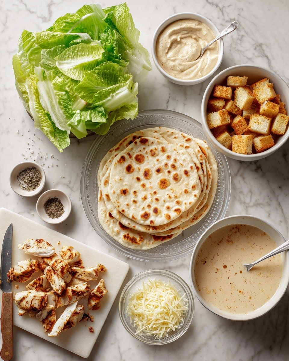 The image shows ingredients for a meal arranged on a white marbled surface. In the center, there is a stack of four round flatbreads with light brown spots on a clear plate. To the right, a white bowl holds golden brown bread cubes with a spoon inside. Below that, a bowl contains creamy light beige sauce with a spoon resting on the edge. Next to the sauce is a small white bowl filled with grated light yellow cheese. In the bottom center, a small white cutting board has grilled chicken pieces, some chopped and some whole, with a knife beside them. To the left, a clear bowl has fresh green lettuce leaves. On the far left, there is a half head of romaine lettuce, along with two small spoons filled with black pepper and salt. photo taken with an iphone --ar 4:5 --v 7