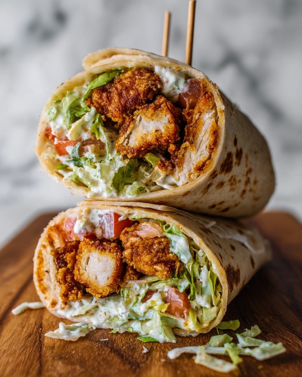 The image shows a close-up of two halves of a chicken wrap placed on a wooden surface with a white marbled background. Each wrap is made of a light beige tortilla that is slightly toasted with some brown spots. Inside, there are layers of crispy, golden-brown fried chicken pieces that have a rough texture, layered with green shredded lettuce, small red tomato chunks, and creamy white sauce. The wraps are stacked with one half leaning on the other, each pierced through the middle by a wooden skewer to hold the shape. Small bits of lettuce and chicken are visible around the wraps. Photo taken with an iphone --ar 4:5 --v 7