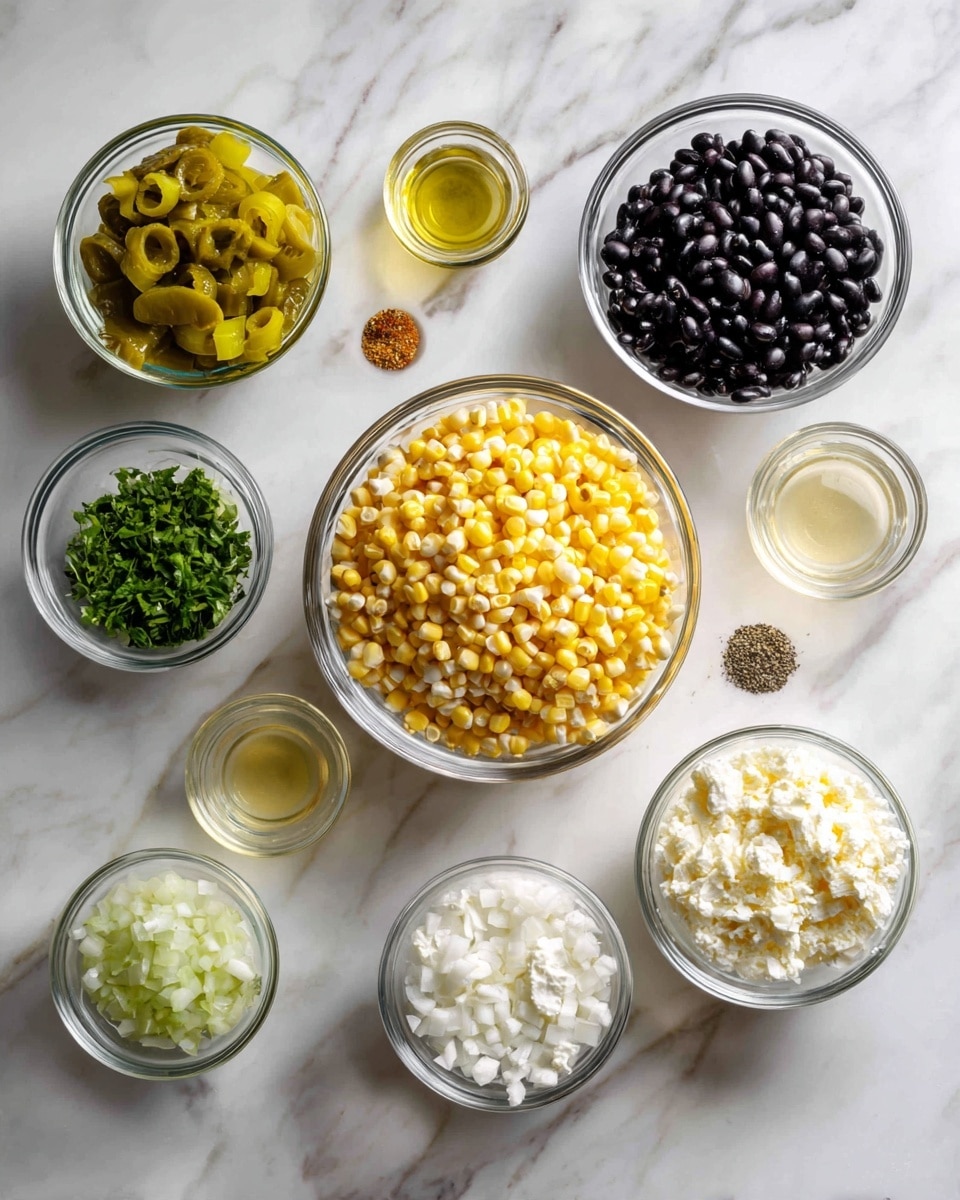 The image shows nine glass bowls placed on a white marbled surface. In the center is a large bowl filled with yellow corn kernels. To the upper right of this is a slightly larger bowl full of shiny black beans. Next to the beans, on the top left, is a smaller bowl holding chopped pickles in a bright yellow-green color. Below the pickles, another small bowl contains finely chopped fresh green herbs. On the bottom left, a small bowl holds white and light green chopped onions. To the lower right of the corn, a medium bowl contains white crumbly cheese. Small bowls with light yellowish liquid, clear light yellow liquid, and a small amount of light brown seasoning are scattered around. All the bowls are clear glass, showing the textures and colors inside. The whole scene rests on the white marbled background. photo taken with an iphone --ar 4:5 --v 7