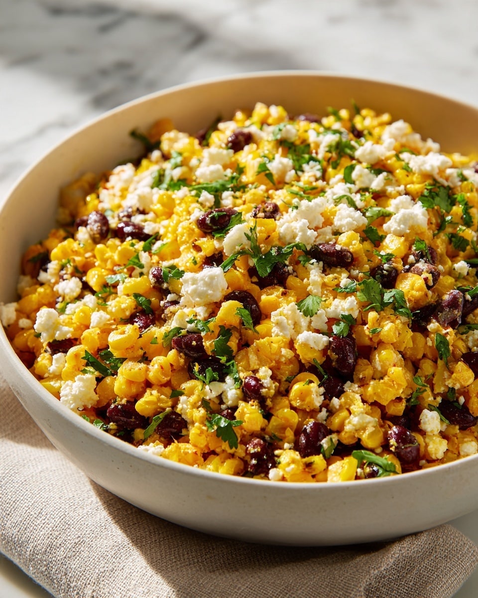 A close-up view of a white bowl filled with a colorful salad made of three main layers: bright yellow corn kernels, dark brown black beans, and crumbly white cheese scattered throughout. Fresh, chopped green herbs are mixed in evenly, adding texture and color contrast to the dish. The salad looks moist and fresh, with natural light creating soft shadows. The bowl rests on a white marbled surface with a neutral cloth underneath. photo taken with an iphone --ar 4:5 --v 7