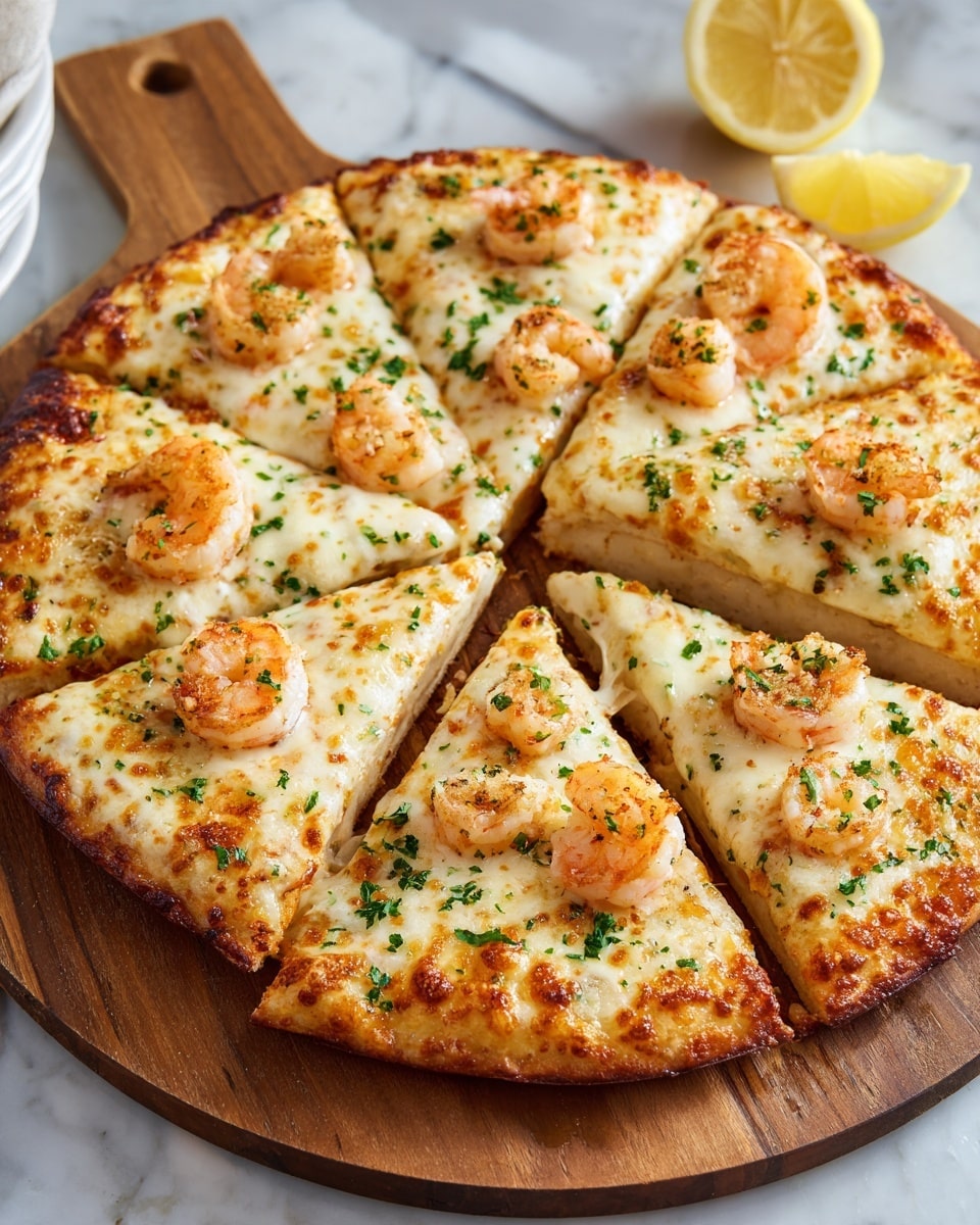 The image shows a round pizza sliced into eight pieces on a wooden board. The pizza has a golden-brown crust and is topped with melted white cheese that covers the entire surface. Each slice has several small pink shrimp arranged on top, along with sprinkled green herbs for color. There is a lemon wedge visible in the background. The setting is on a white marbled surface. Photo taken with an iphone --ar 4:5 --v 7