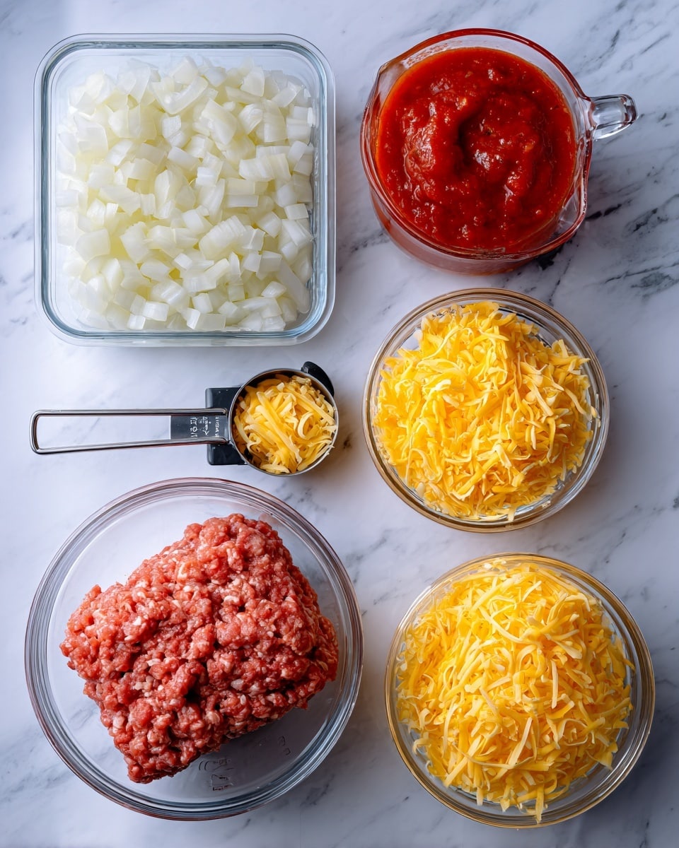 The image shows five separate containers of ingredients arranged on a white marbled surface. In the top left, there is a clear rectangular container filled with small white diced onions. To the right, a clear Pyrex measuring cup holds bright red tomato sauce with visible texture. Below the onions, a clear round dish contains a dense block of raw ground meat with a red and white mix of colors. In the center, a metal measuring cup with a black handle holds a small amount of yellow shredded cheese. On the bottom right, a clear round bowl contains a larger pile of shredded yellow cheese. The setup shows all ingredients clearly separated and ready for cooking, photo taken with an iphone --ar 4:5 --v 7