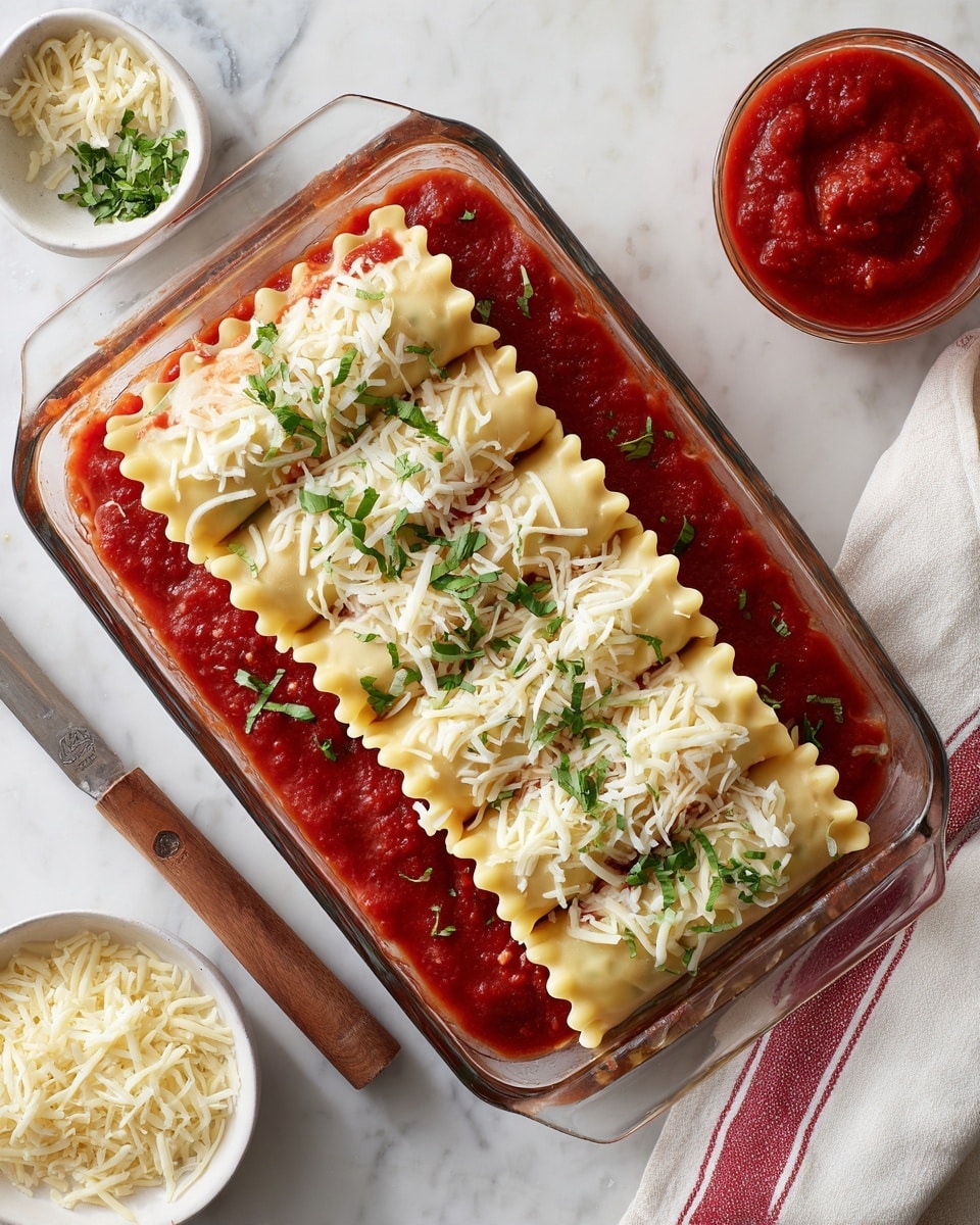 A clear glass baking dish sits on a white marbled surface, filled with two layers of rolled lasagna noodles. The first layer includes red tomato sauce spread evenly along the bottom. On top, two rows of pale yellow lasagna rolls with a slightly ruffled edge lay flat. Each roll is topped with a layer of white melted cheese, sprinkled with shredded white cheese and fresh chopped green basil. A small white bowl with shredded cheese and a small white bowl with extra red tomato sauce are placed nearby. A wooden-handled kitchen utensil rests to the left, and a white cloth with red stripes sits to the right. Photo taken with an iphone --ar 4:5 --v 7