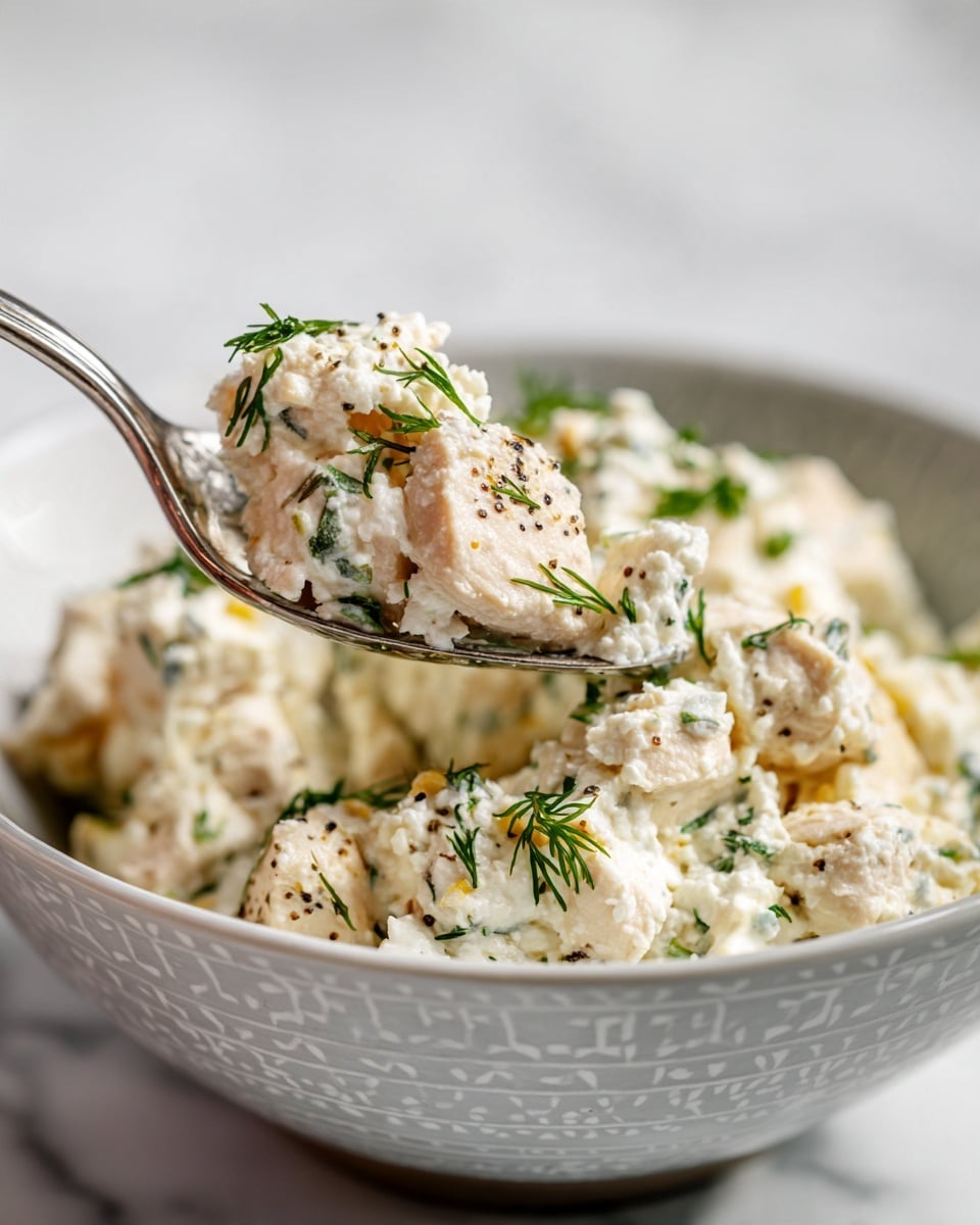 The image shows a close-up of a dish in a shallow white bowl with light gray patterns inside, placed on a white marbled surface. The dish has two main layers: small chunks of light beige cooked chicken pieces mixed with white cottage cheese that has a lumpy, creamy texture. The top layer is sprinkled with tiny green dill leaves and small cracks of black pepper, adding color contrast. A silver spoon is scooping a portion from the bowl, lifting a mix of both chicken and cottage cheese pieces, showing soft and slightly grainy textures. The photo taken with an iphone --ar 4:5 --v 7