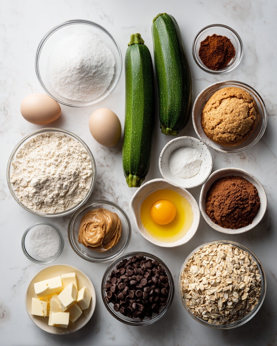 The image shows various ingredients arranged neatly on a white marbled surface. There are two whole green zucchinis in the middle. Surrounding them, from top left to bottom right, are small glass bowls containing white salt, brown spice powder, two raw eggs in a clear bowl, a larger bowl filled with light beige flour, a small bowl of white salt, a small bowl of cinnamon, a bowl of white sugar, a small bowl of melted yellow butter, a bowl filled with dark chocolate chips, a bowl of creamy nut butter, a bowl of brown sugar, a bowl of rolled oats, and a tiny bowl with white baking soda. Each ingredient is placed separately, clearly showing its texture and color. photo taken with an iphone --ar 4:5 --v 7