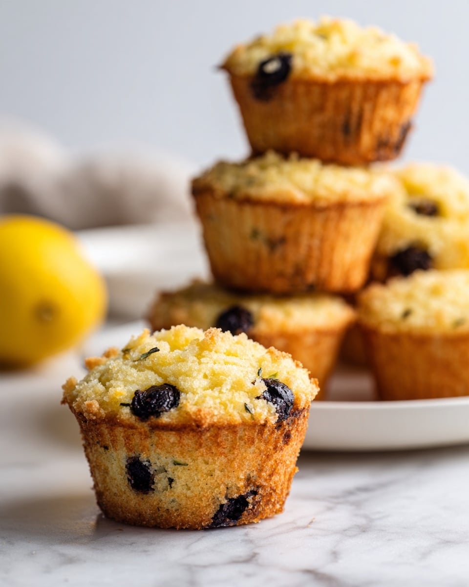 A close-up image of a single muffin placed on a white marbled surface, showing a golden-brown top with a rough, crumbly texture and visible black olive pieces embedded on its sides and surface. In the background, several similar muffins are stacked in a pyramid shape on a white plate, slightly blurred, along with a bright yellow lemon to the right. The muffin looks dense but soft, with small green specks throughout the batter, likely herbs. The overall scene is bright with a clean and simple white background. Photo taken with an iphone --ar 4:5 --v 7