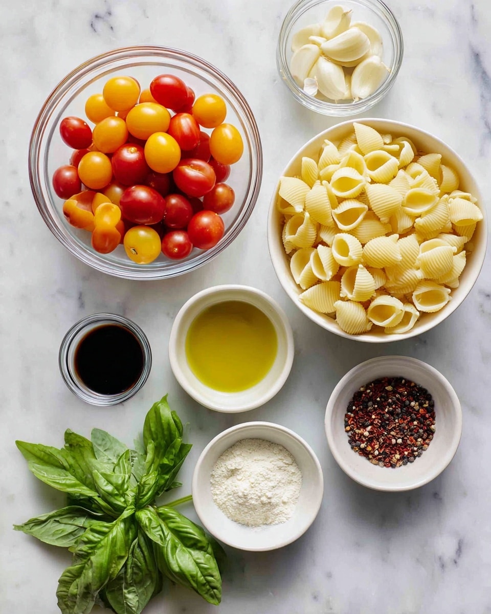 The image shows a group of clear glass and white bowls arranged on a white marbled surface, holding various ingredients for a recipe. The largest white bowl on the right is filled with pale yellow small shell-shaped pasta. A large clear glass bowl at the top left holds a mix of small red, orange, and yellow oval cherry tomatoes with smooth skin. Below these, a small white bowl contains a few peeled garlic cloves, and just above it, a clear bowl has a dark brown liquid, likely balsamic vinegar. To the right of that, there is a small white bowl filled with golden olive oil. Below these bowls, fresh green basil leaves are placed on the surface. To their right, a small white bowl holds a white powder, probably flour or grated cheese. Finally, the smallest white bowl on the bottom right contains mixed black and red crushed pepper. The overall setup is clean and organized, capturing the fresh colors and textures of the ingredients. photo taken with an iphone --ar 4:5 --v 7